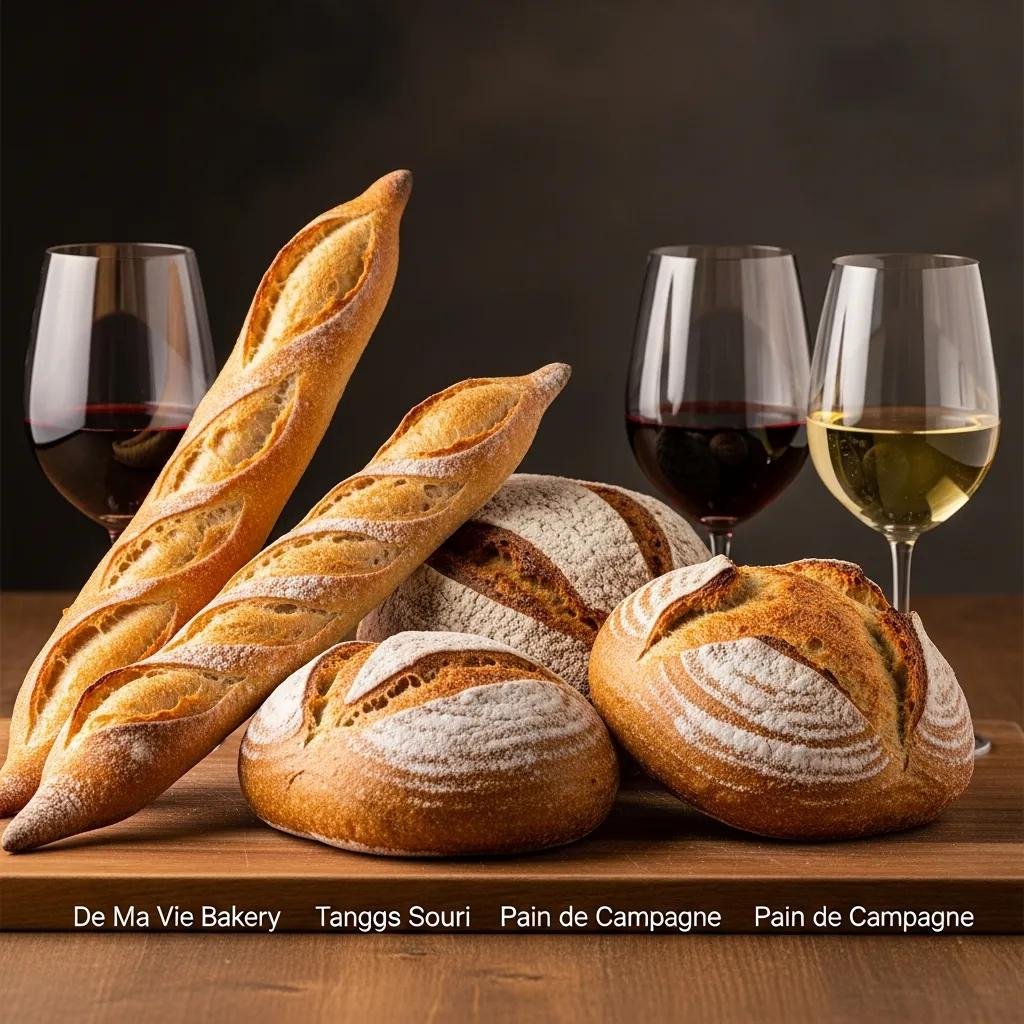 An assortment of artisan breads from De Ma Vie Bakery paired with complementary wines, highlighting the art of French bread and wine pairings