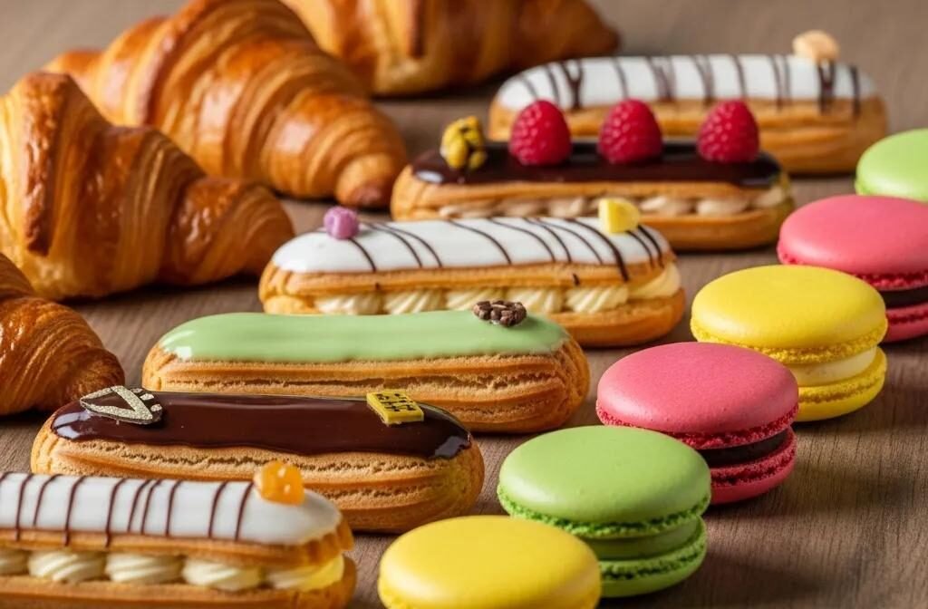 An assortment of vegan French pastries including croissants, éclairs, and macarons, beautifully arranged on a wooden table