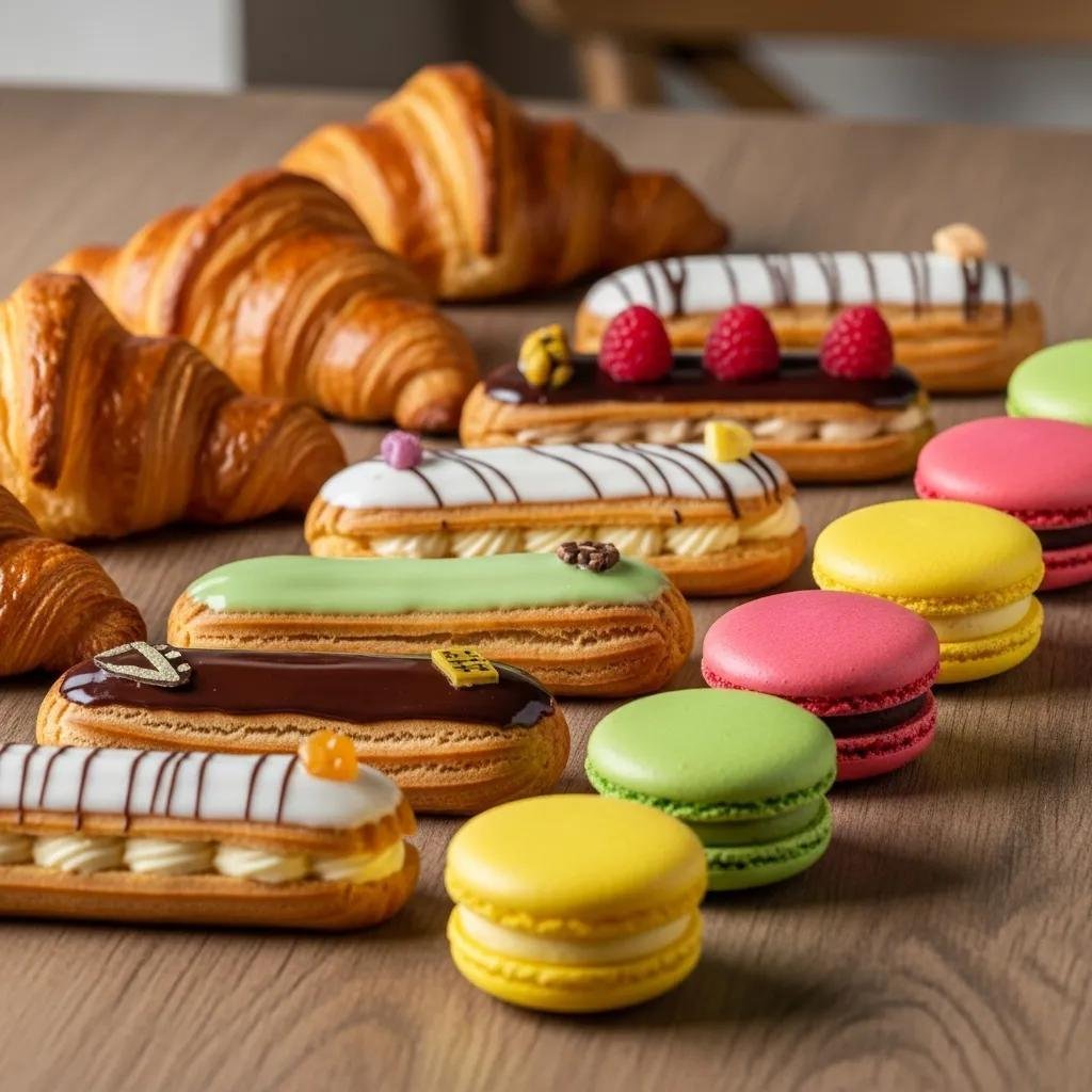 An assortment of vegan French pastries including croissants, éclairs, and macarons, beautifully arranged on a wooden table