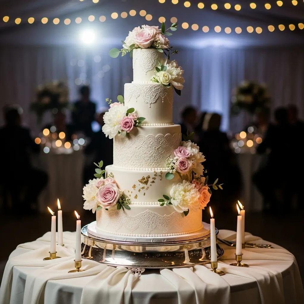 An elegant tiered wedding cake decorated with fresh flowers, set in a romantic wedding reception environment