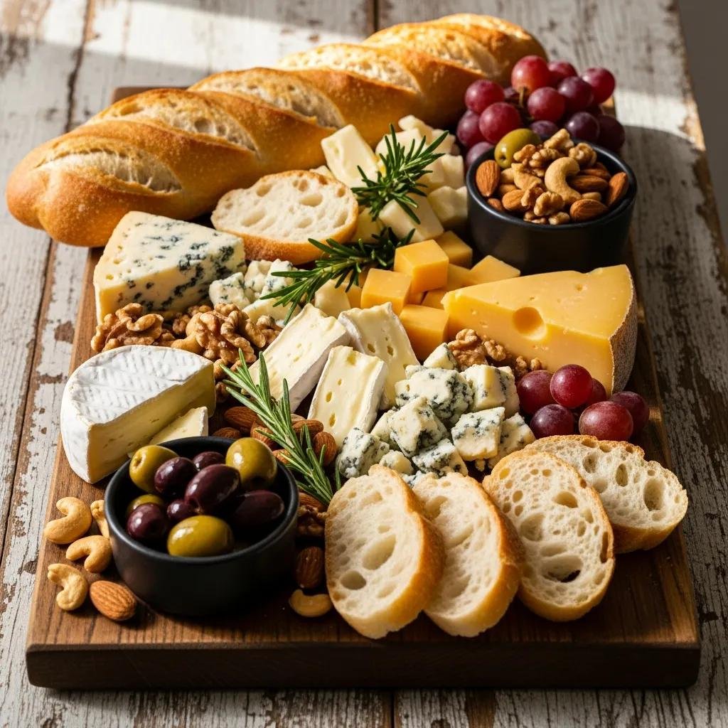 Artfully arranged cheese and baguette plate with olives and nuts on a rustic wooden board