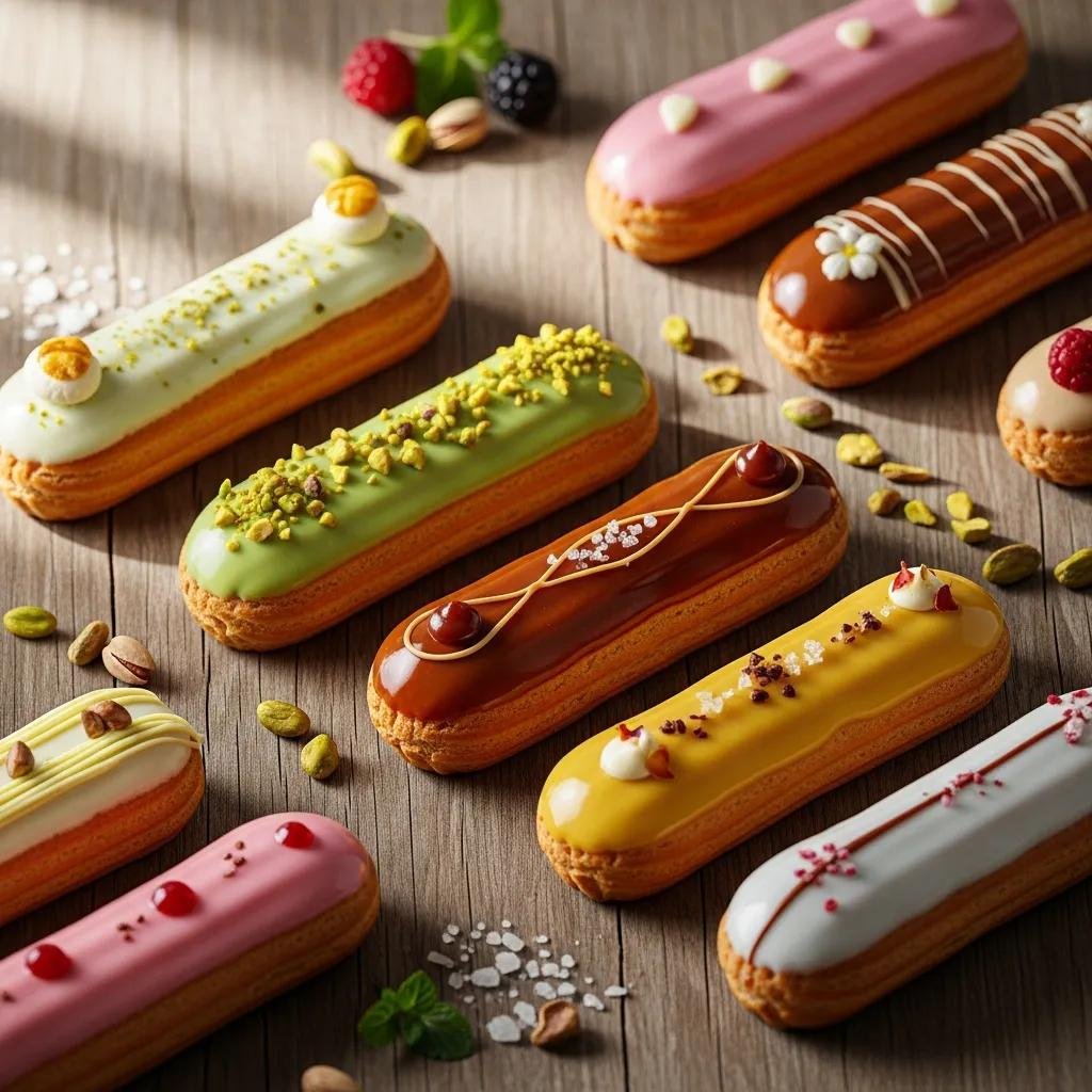 Artfully arranged seasonal éclairs including pistachio and salted caramel on a rustic wooden table