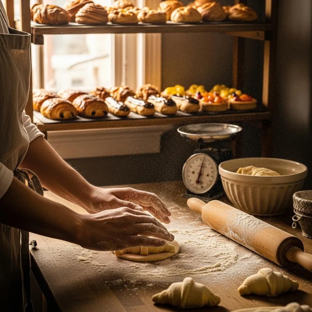 Artisan baker crafting French pastries in a cozy bakery setting
