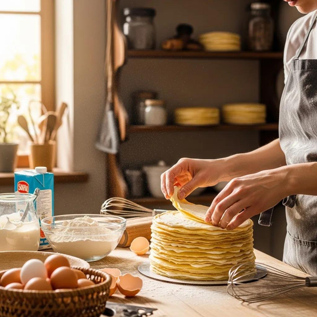 Artisan baker layering crepes with pastry cream in a cozy bakery, showcasing the crafting process of Mille Crepe Cake