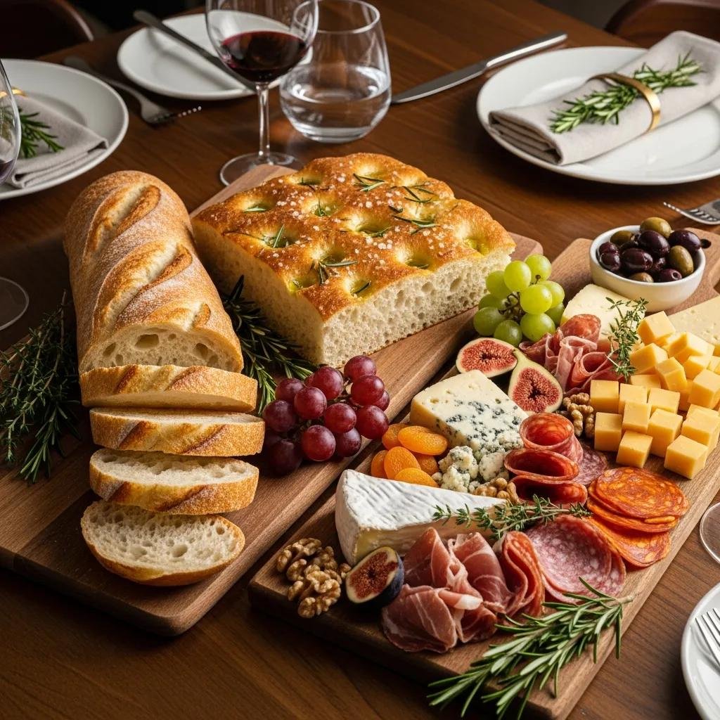 Artisan breads and a gourmet cheese and charcuterie board elegantly arranged on a dining table