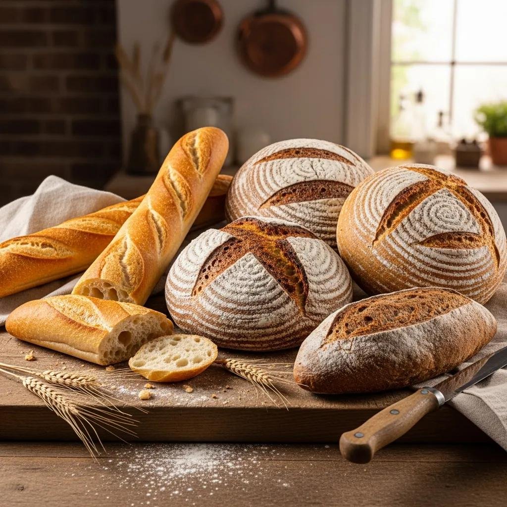 Artisan breads including golden French baguettes and sourdough loaves on a wooden board