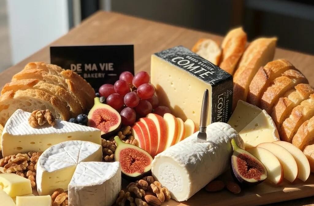 Artisan cheese board with Brie, Comté, Goat Cheese, fresh fruits, and French breads