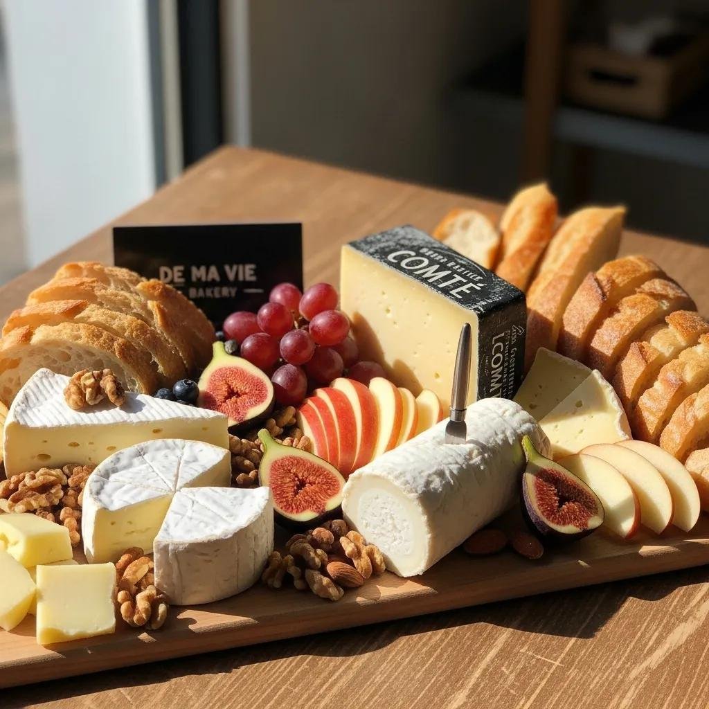 Artisan cheese board with Brie, Comté, Goat Cheese, fresh fruits, and French breads