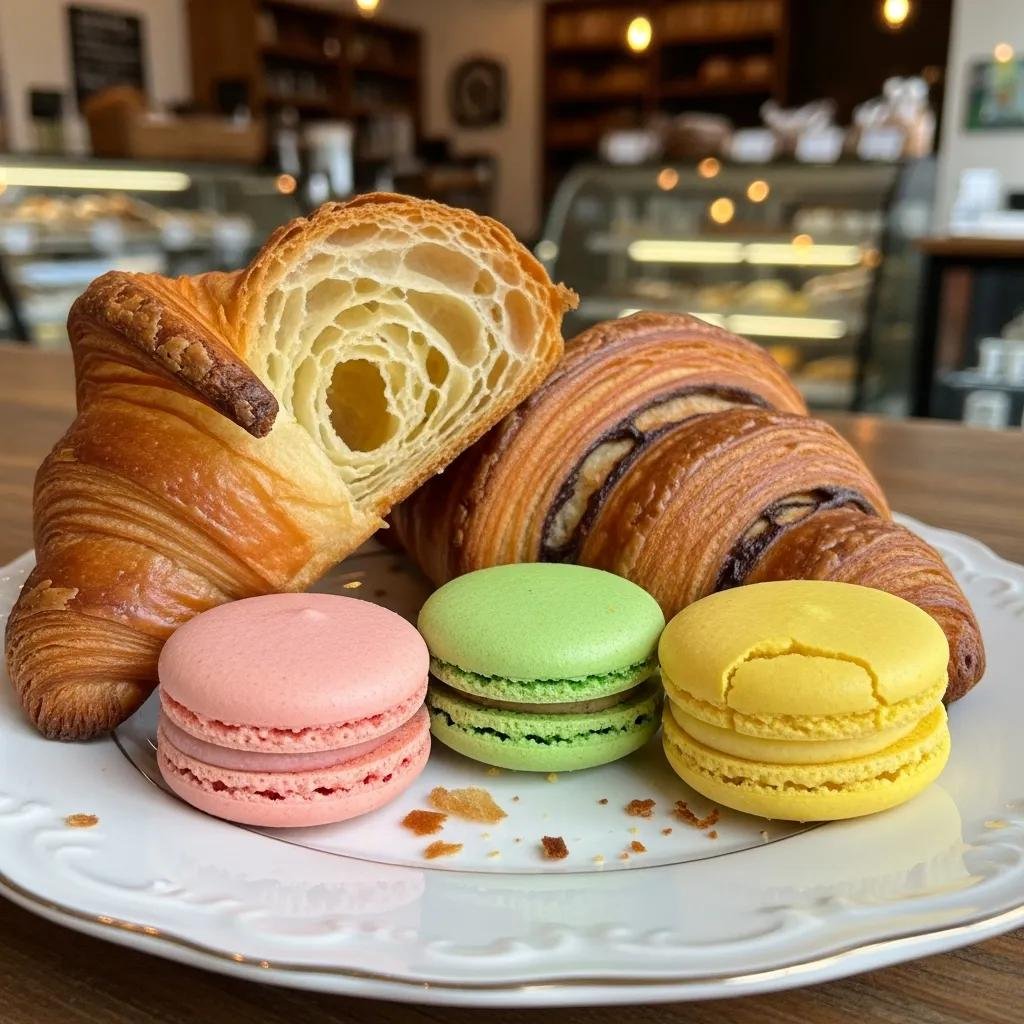 Artisan croissants and colorful macarons on a plate, showcasing classic French pastries at De Ma Vie Bakery