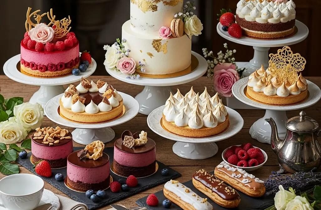 Artisan custom French cakes displayed elegantly on a wooden table, showcasing various flavors and designs