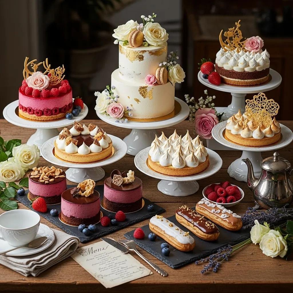 Artisan custom French cakes displayed elegantly on a wooden table, showcasing various flavors and designs