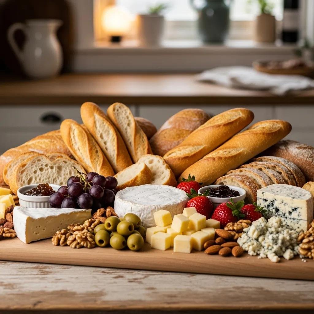Artisan French bread and cheese pairing on a charcuterie board with fruits and nuts