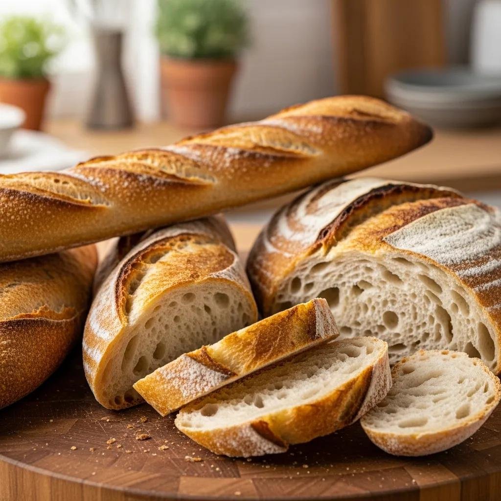 Artisan French breads including a baguette and sourdough on a wooden cutting board