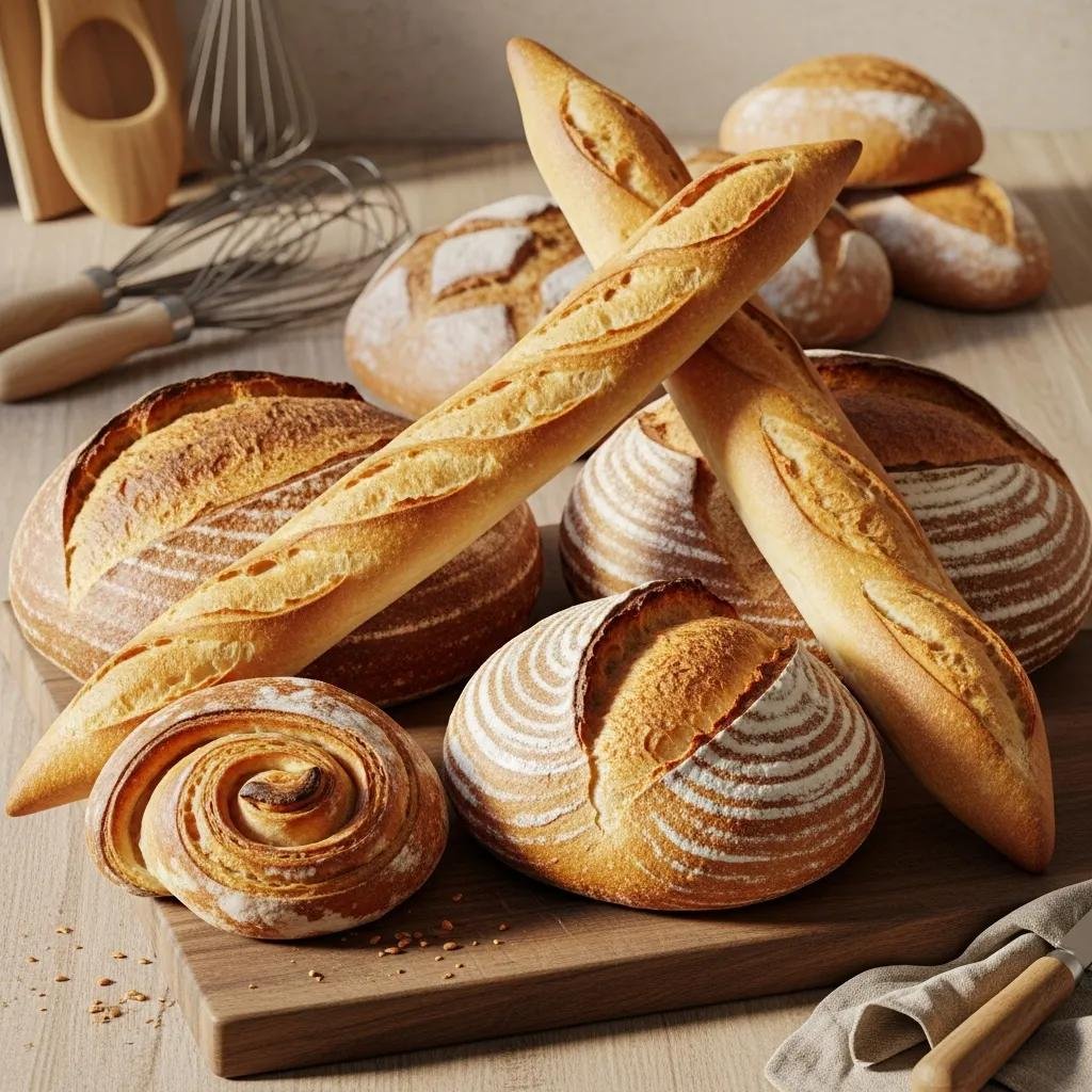 Artisan French breads including baguette, pain de campagne, and sourdough on a wooden board