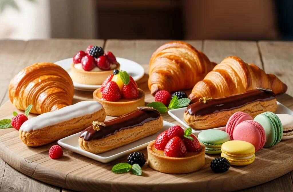 Artisan French pastries including croissants, éclairs, tarts, and macarons on a wooden table