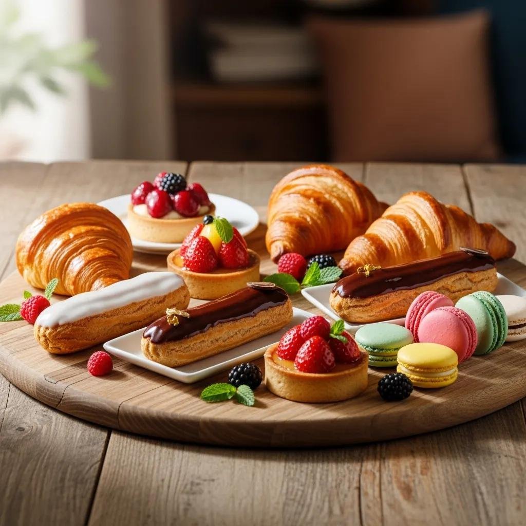 Artisan French pastries including croissants, éclairs, tarts, and macarons on a wooden table