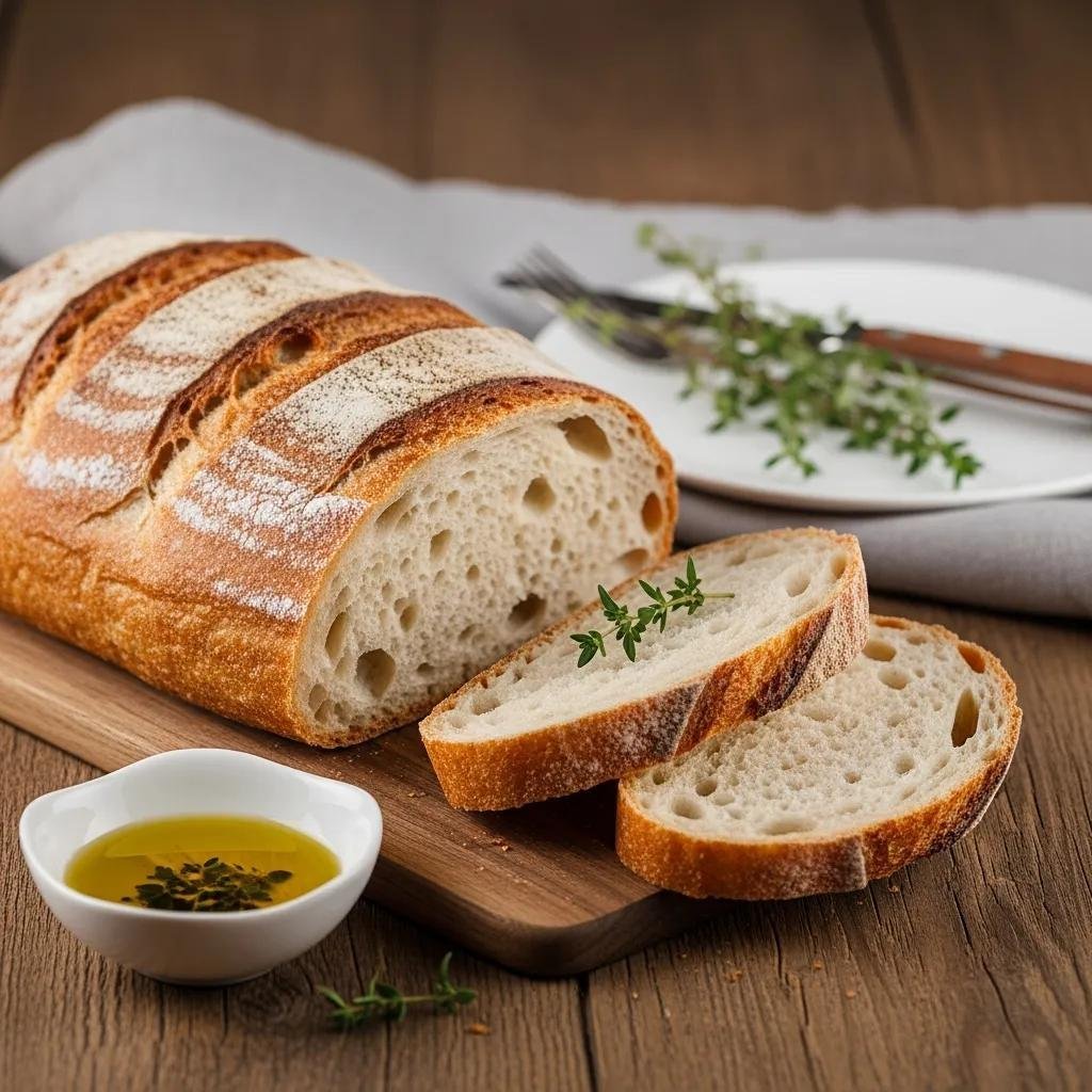 Artisan Pain de Campagne bread on a wooden table with olive oil and herbs