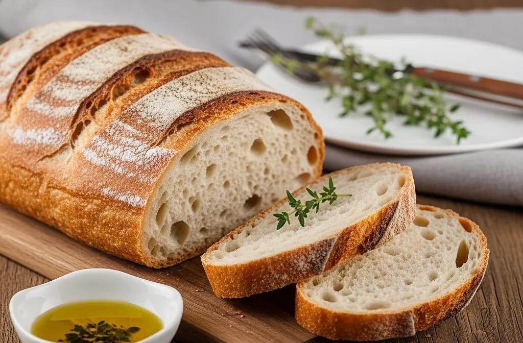 Artisan Pain de Campagne bread on a wooden table with olive oil and herbs