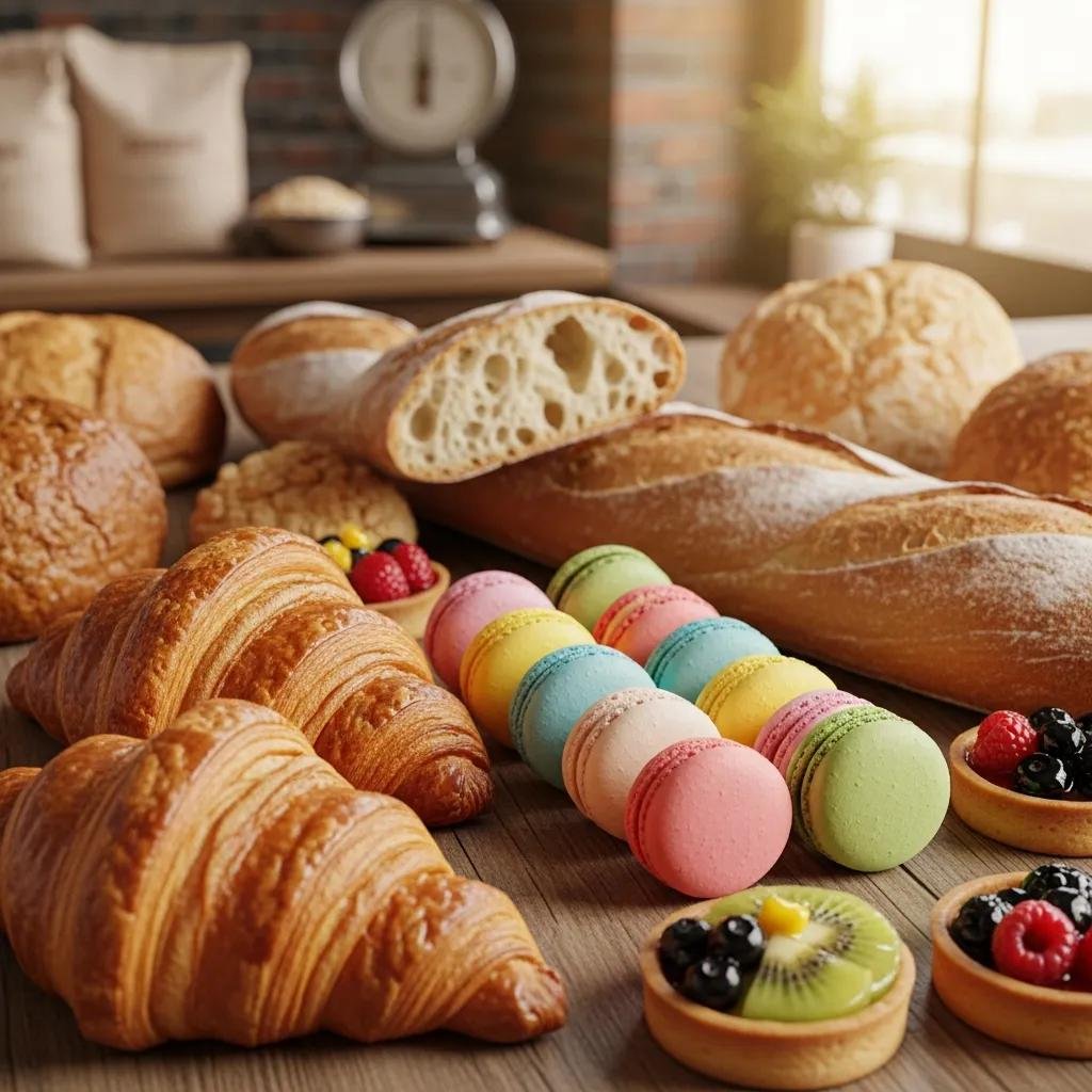 Artisan pastries and breads including croissants, macarons, and baguettes displayed on a rustic wooden table
