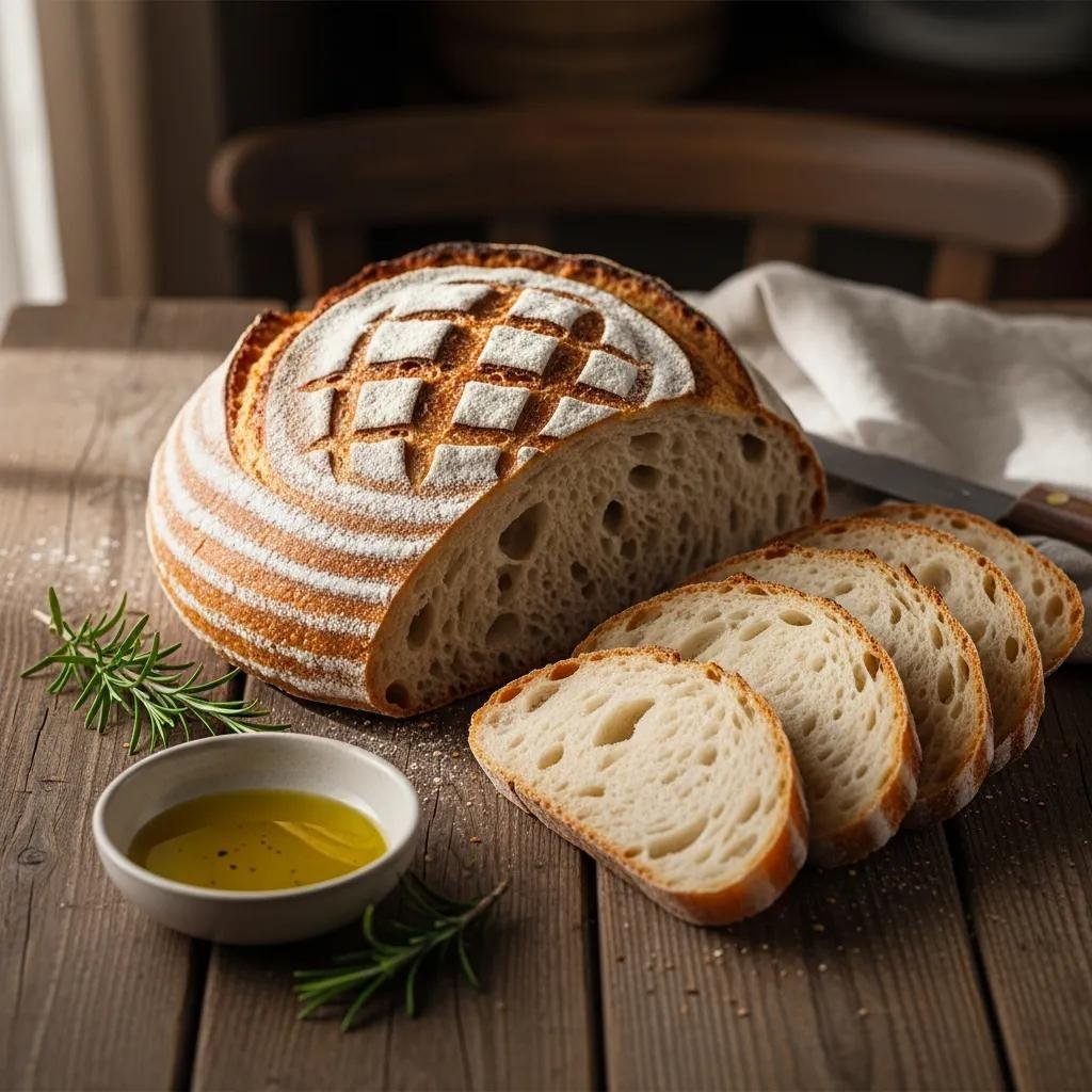 Artisan sourdough bread loaf with slices, olive oil, and herbs on a rustic table