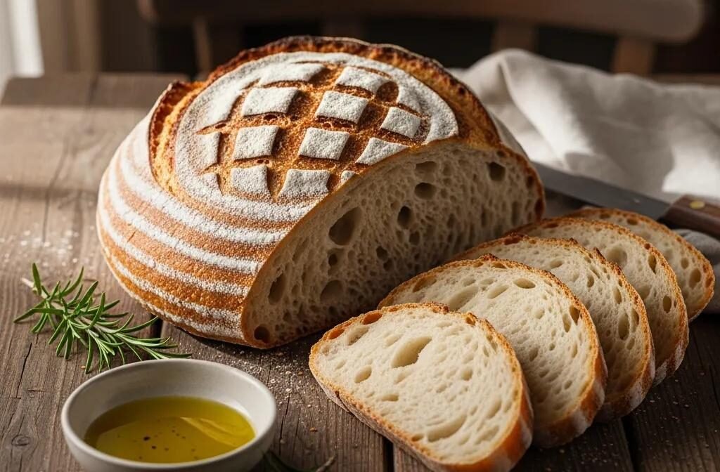Artisan sourdough bread loaf with slices, olive oil, and herbs on a rustic table