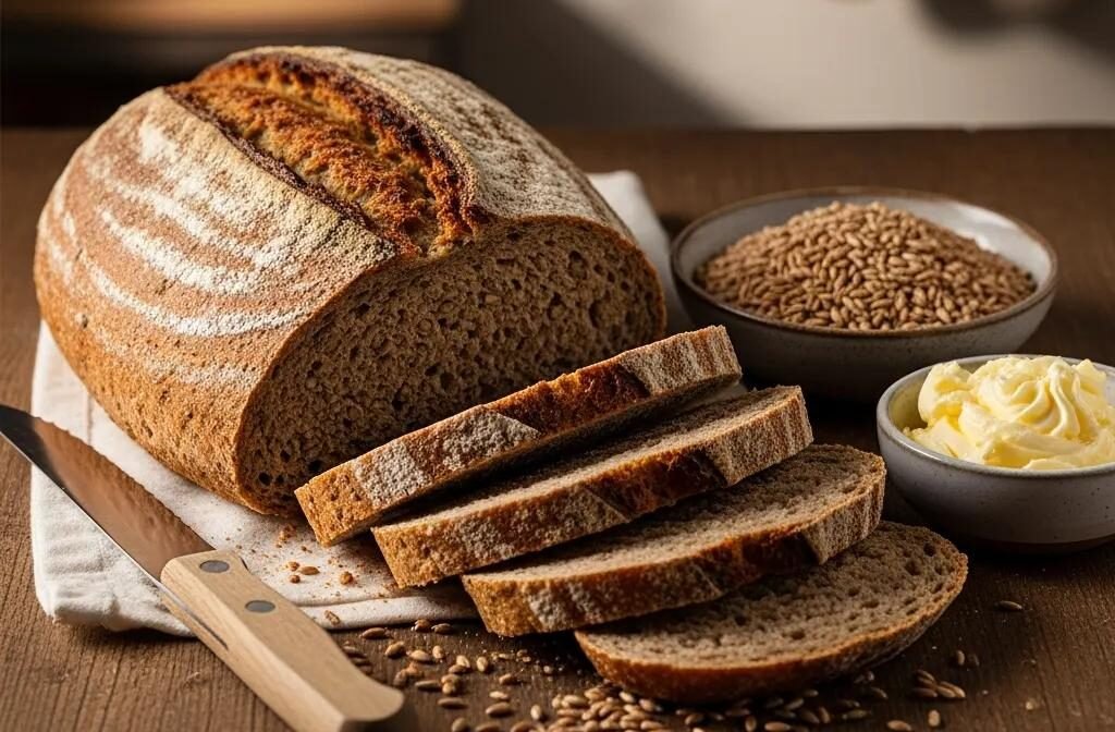Artisan traditional French rye bread with a rustic presentation, showcasing its dense texture and wholesome ingredients