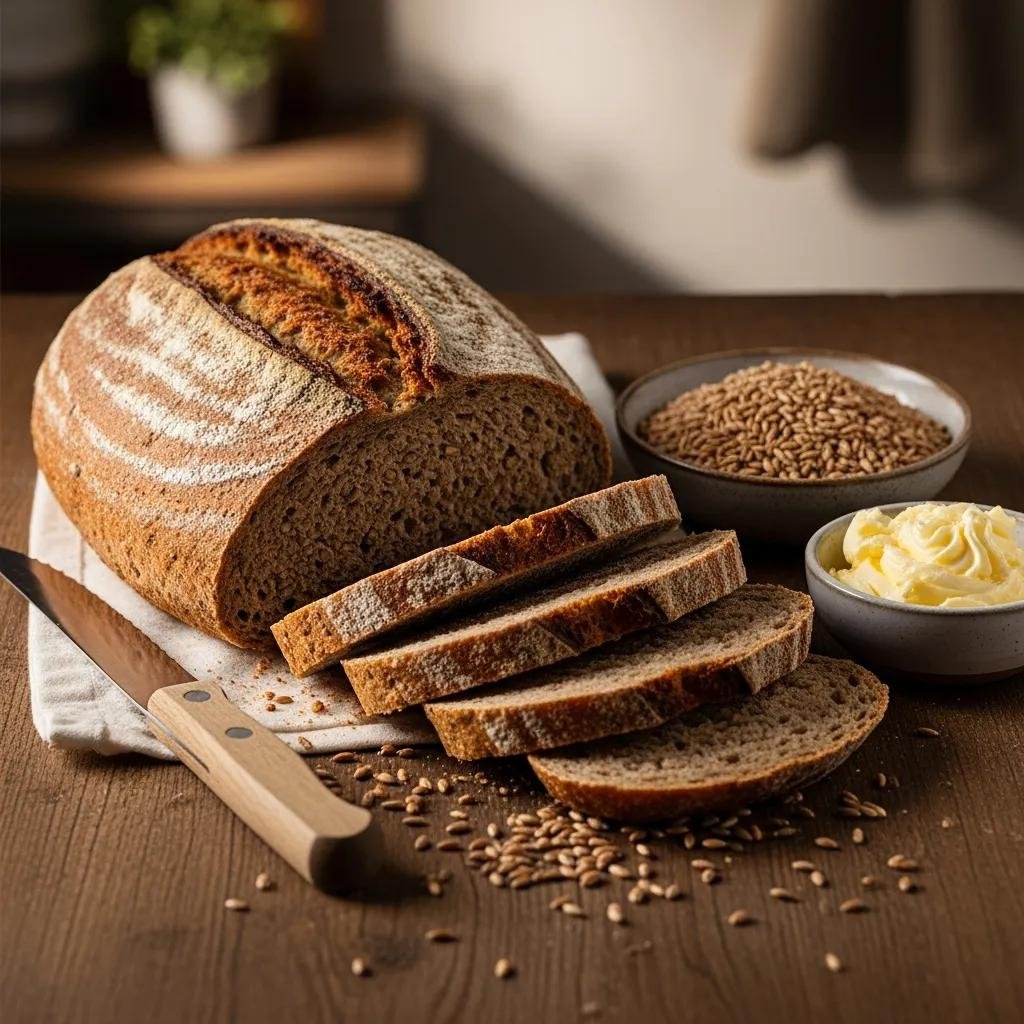 Artisan traditional French rye bread with a rustic presentation, showcasing its dense texture and wholesome ingredients