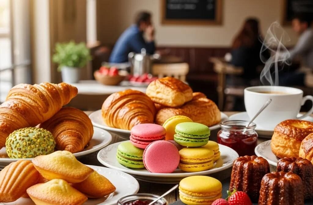 Assorted authentic French breakfast pastries including croissants, madeleines, macarons, and canelés on a rustic table