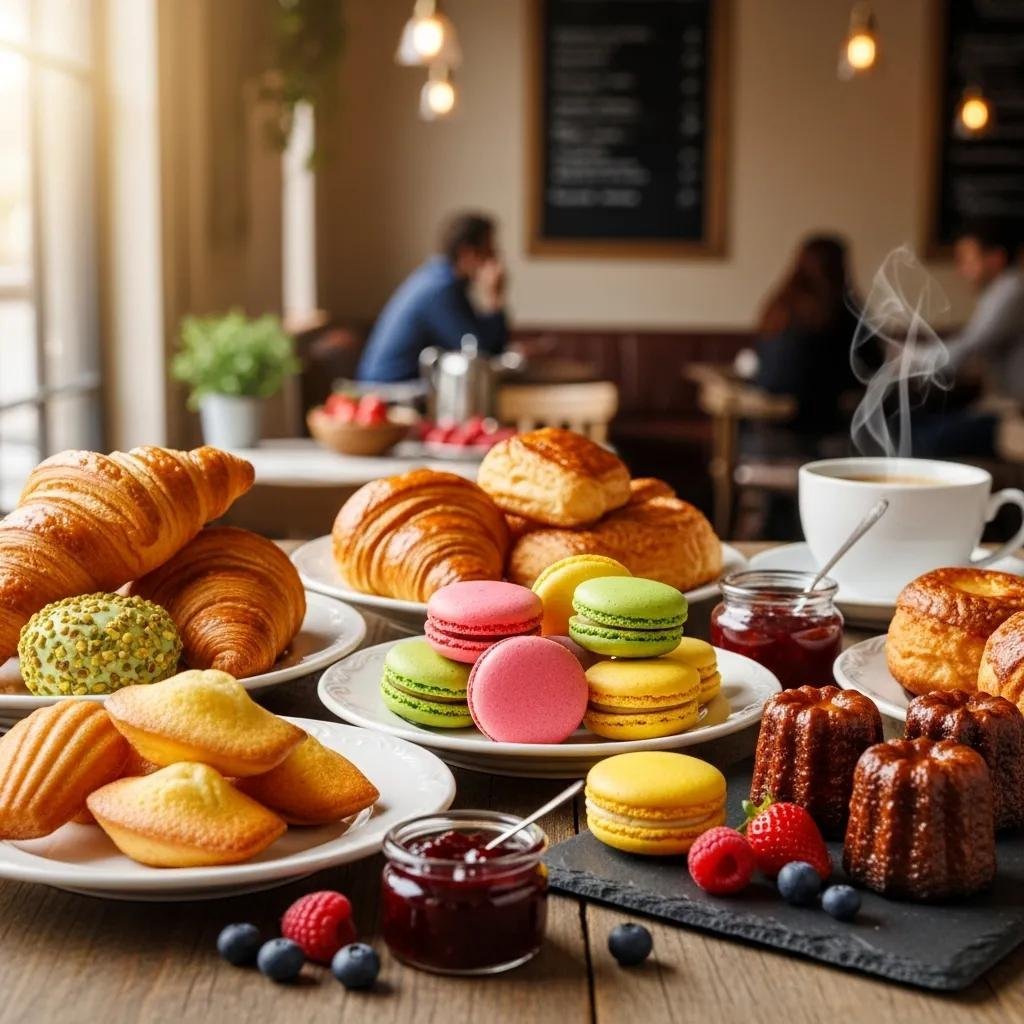 Assorted authentic French breakfast pastries including croissants, madeleines, macarons, and canelés on a rustic table