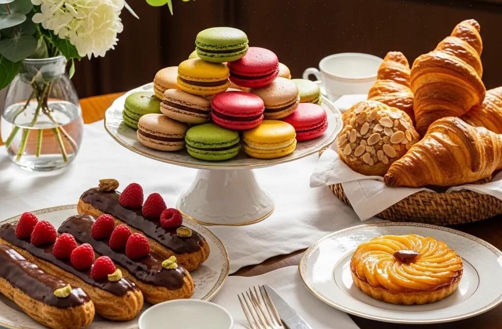 Assorted authentic French pastries including macarons, éclairs, and croissants on an elegant table