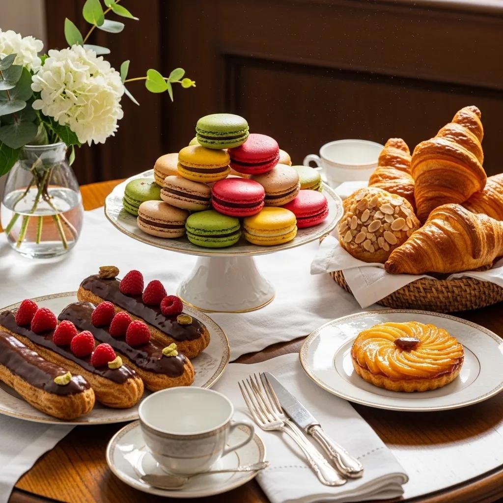 Assorted authentic French pastries including macarons, éclairs, and croissants on an elegant table