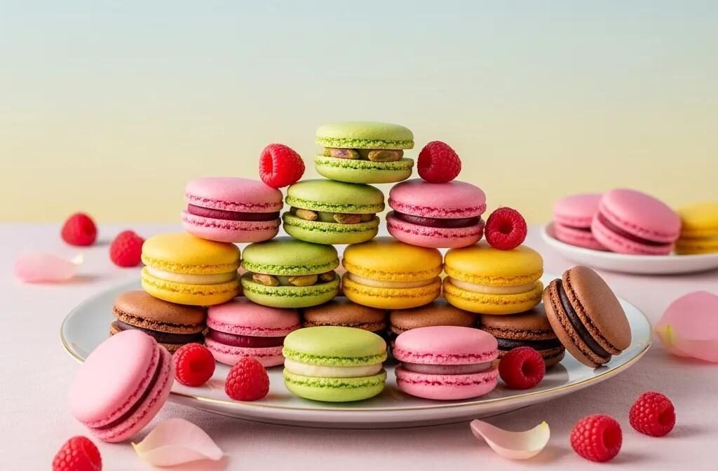 Assorted colorful French macarons on a porcelain plate, showcasing their delicate texture and vibrant flavors