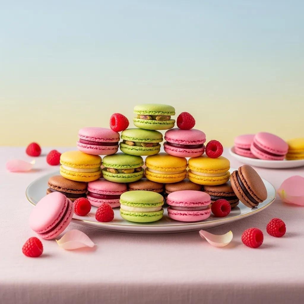 Assorted colorful French macarons on a porcelain plate, showcasing their delicate texture and vibrant flavors