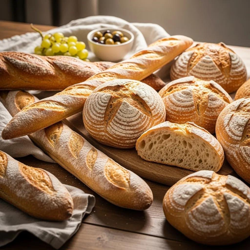 Assorted French bread types including baguettes and artisan loaves on a rustic wooden table, showcasing their textures and inviting appearance