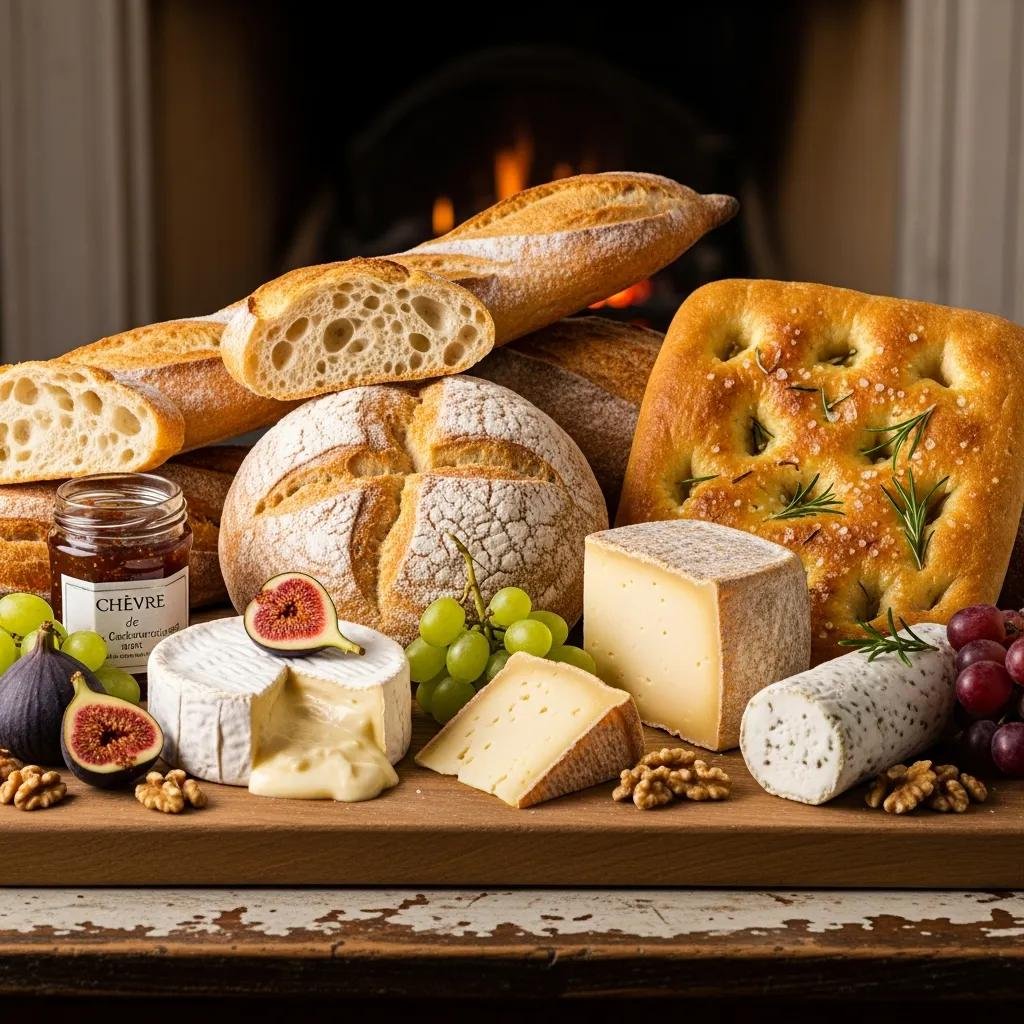 Assorted French breads including baguette, Pain de Campagne, and focaccia paired with cheeses