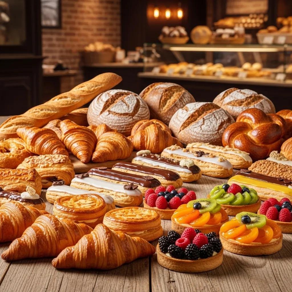 Assorted French pastries and artisan breads displayed in a cozy bakery setting