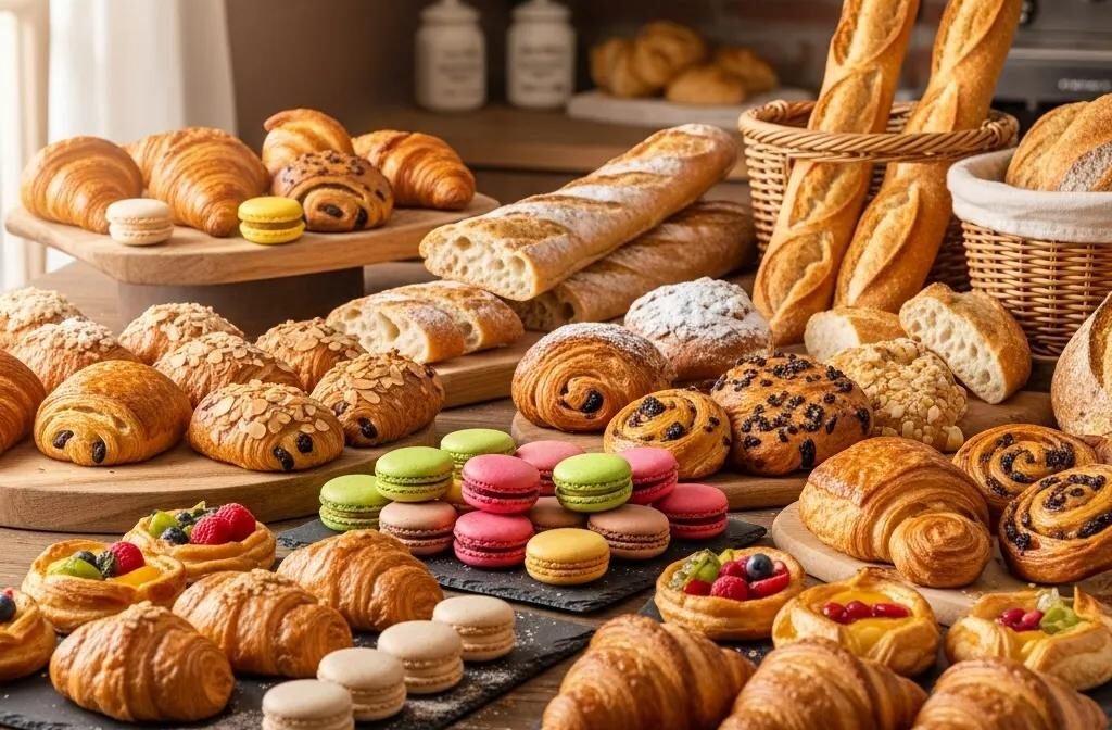Assorted French pastries and artisan breads displayed on a rustic table, highlighting the bakery's offerings