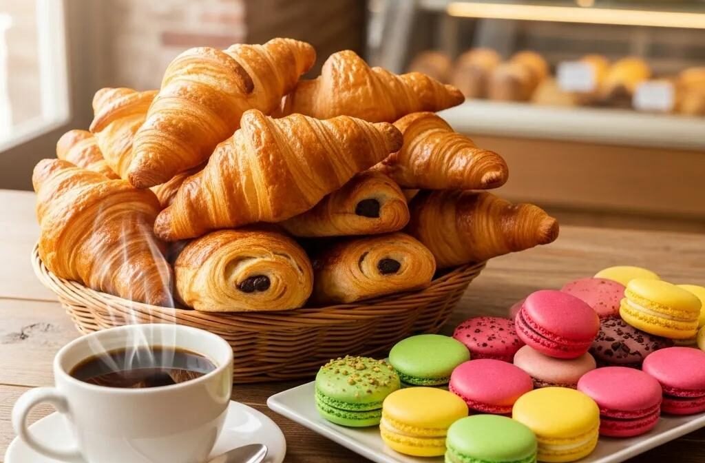 Assorted French pastries including croissants and macarons with a cup of coffee, representing authentic flavors in Merrifield VA