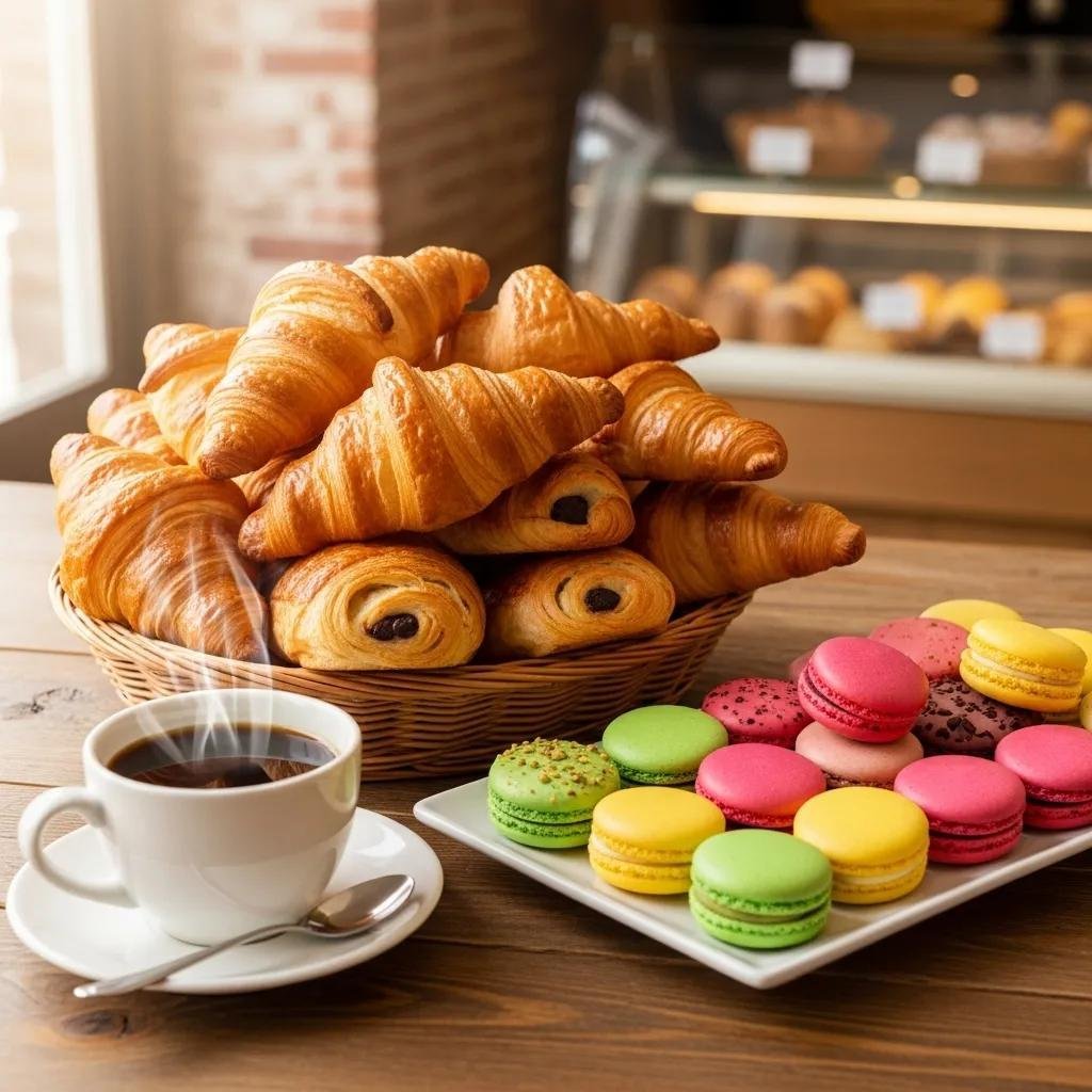 Assorted French pastries including croissants and macarons with a cup of coffee, representing authentic flavors in Merrifield VA