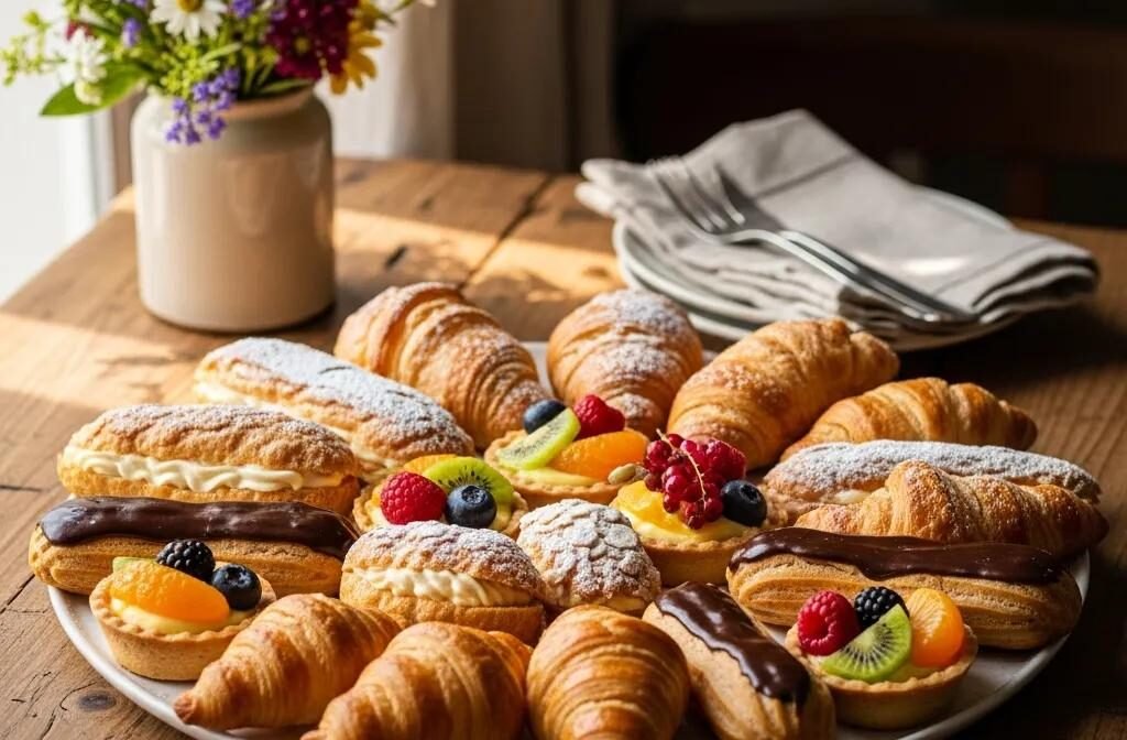 Assorted French pastries including croissants, éclairs, and fruit tarts on a rustic wooden table