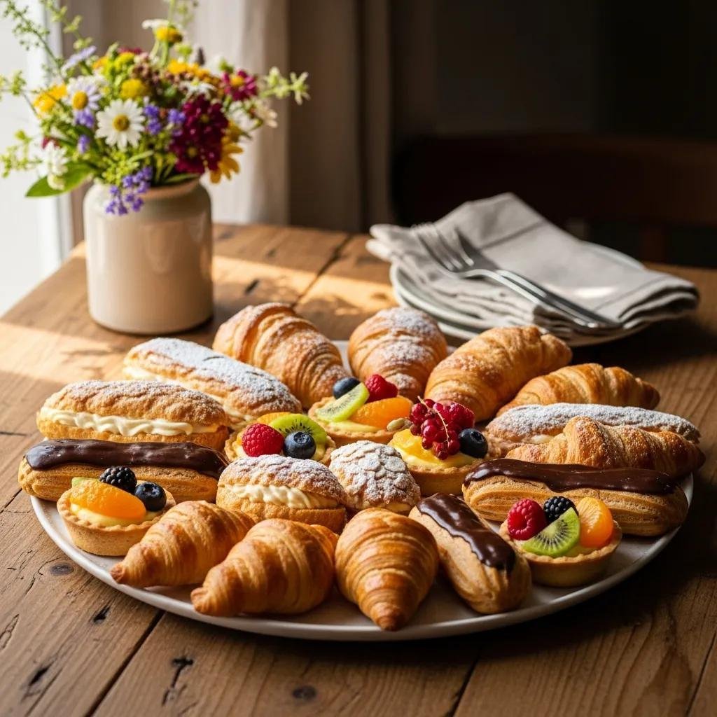 Assorted French pastries including croissants, éclairs, and fruit tarts on a rustic wooden table