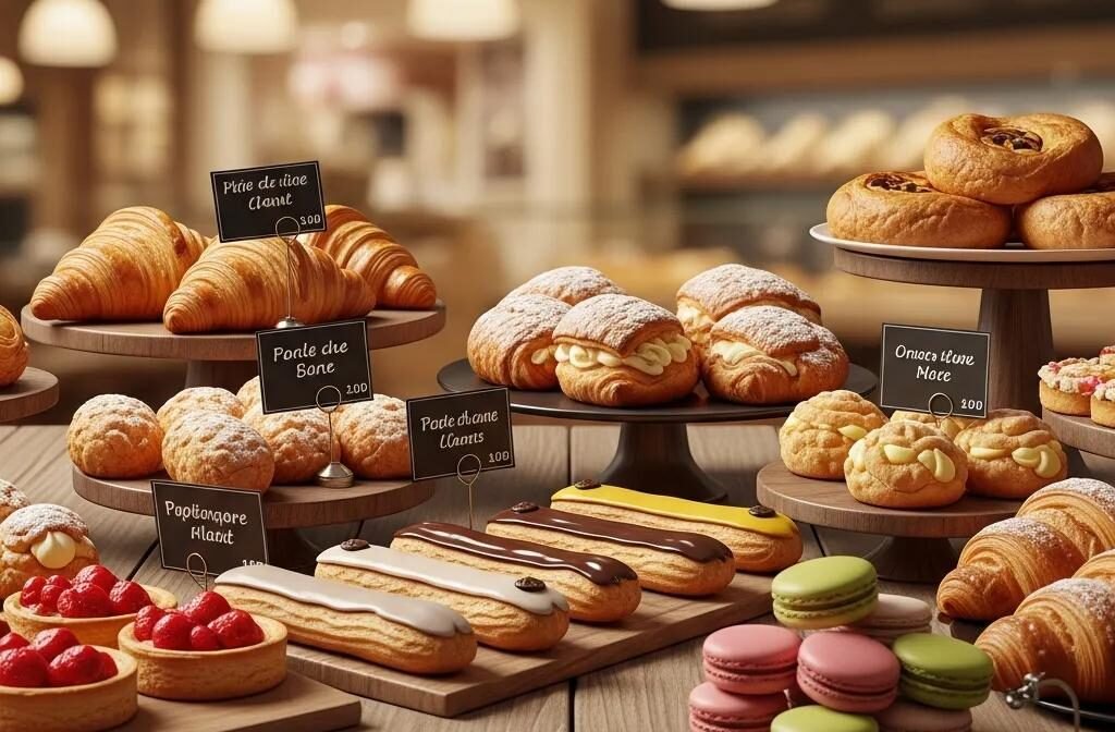 Assorted French pastries including croissants, éclairs, and macarons in a charming bakery setting