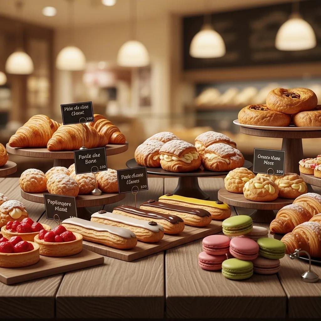 Assorted French pastries including croissants, éclairs, and macarons in a charming bakery setting