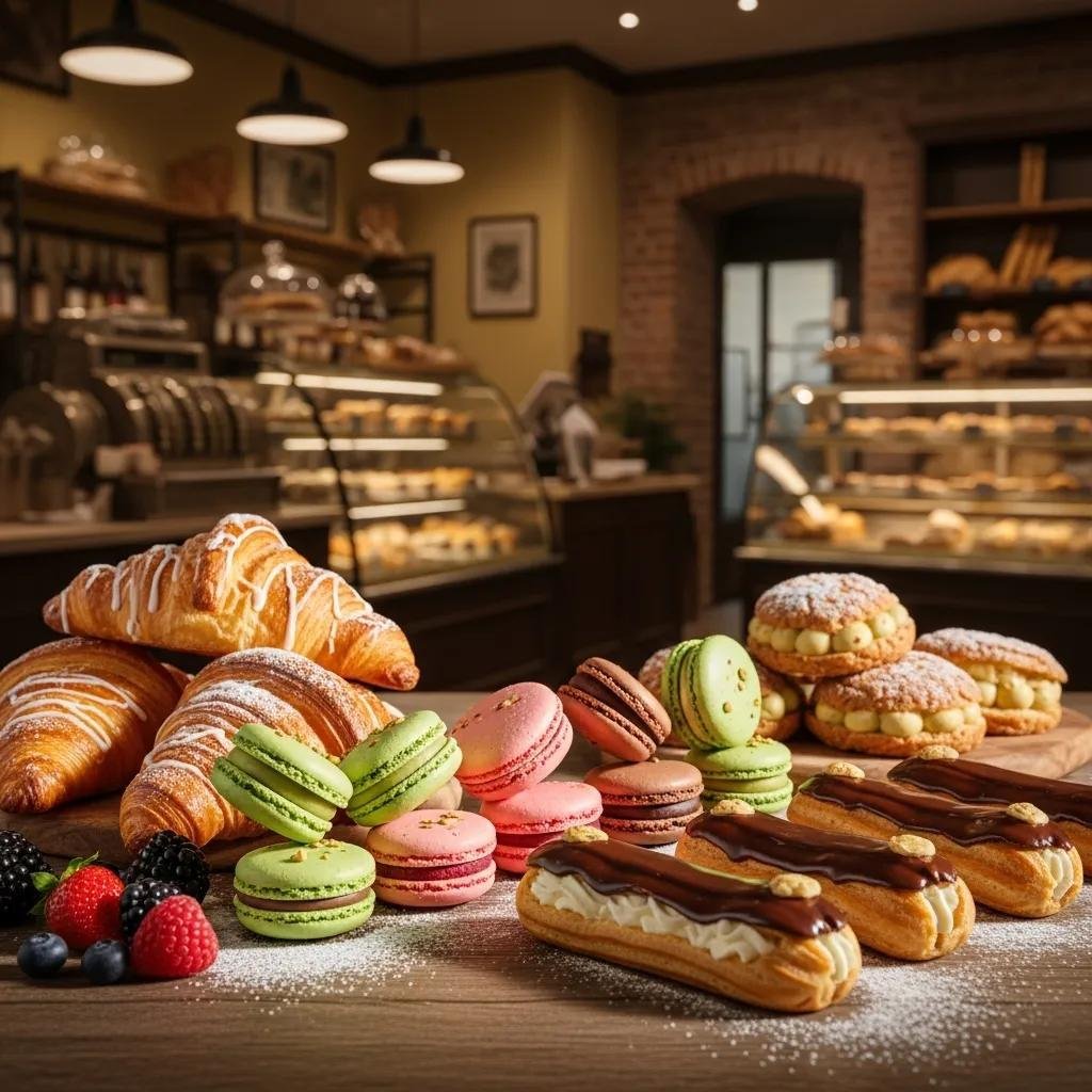Assorted French pastries including croissants, macarons, and éclairs in a cozy bakery setting