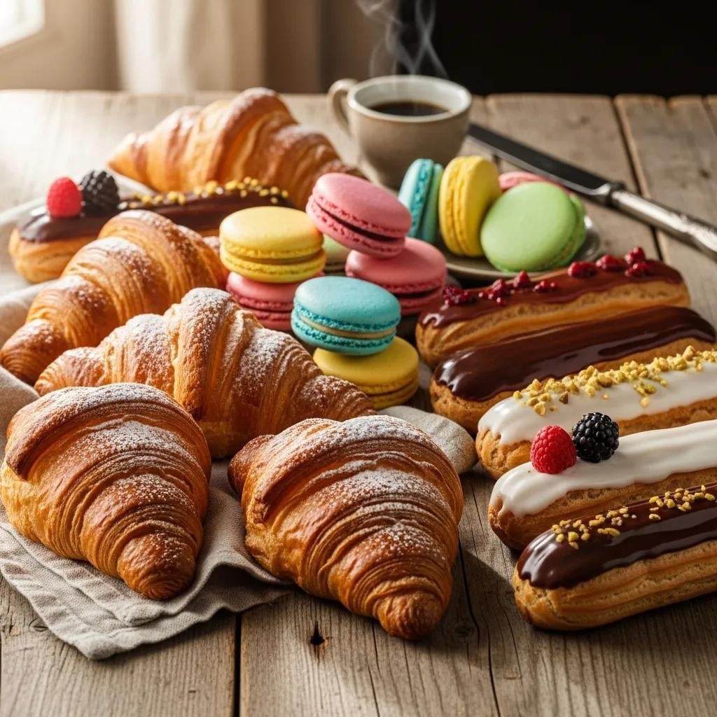 Assorted French pastries including croissants, macarons, and éclairs on a wooden table