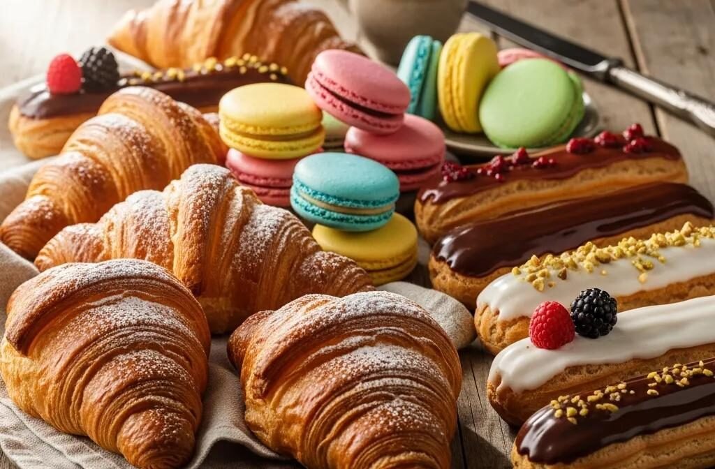 Assorted French pastries including croissants, macarons, and éclairs on a wooden table