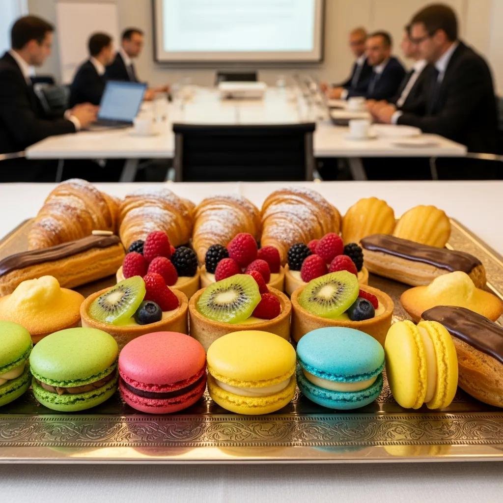 Assorted French pastries including macarons and croissants for corporate meetings