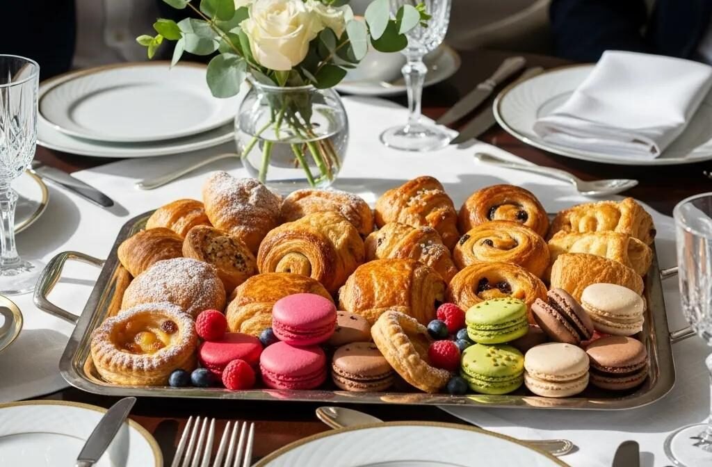 Assorted French pastries including mini croissants and macarons on a stylish table for corporate catering