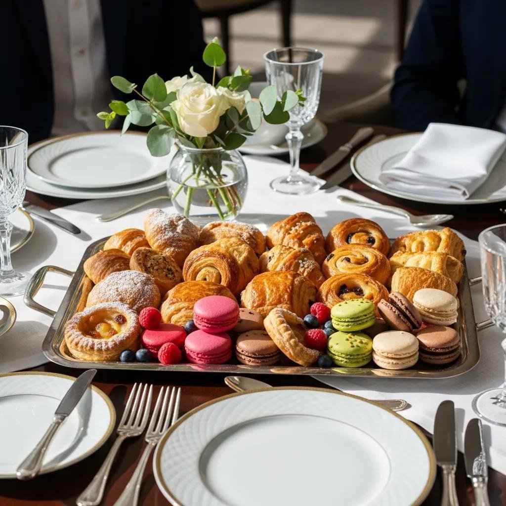 Assorted French pastries including mini croissants and macarons on a stylish table for corporate catering
