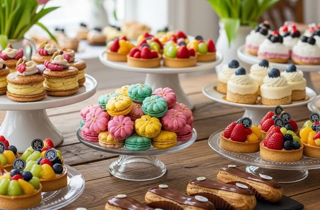 Assorted spring French desserts including floral macarons, fruit tarts, and éclairs displayed in a charming bakery setting
